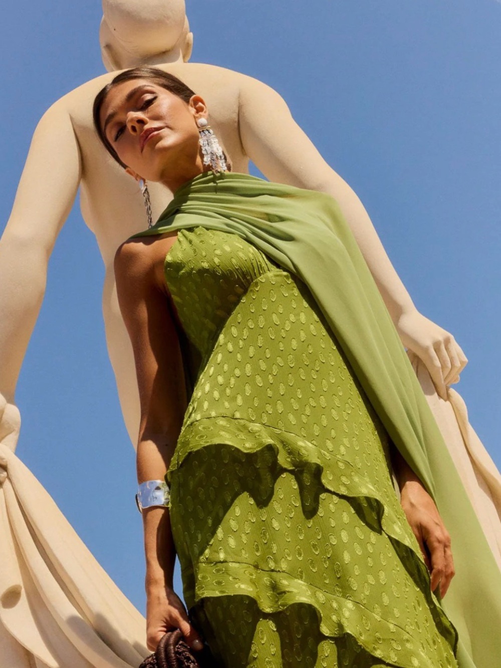 Lady Pipa Florence Olive Oil Green Halter Maxi Dress and Shawl - Picture 2 of 7